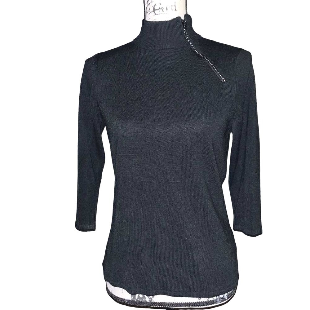 Supima Black Mock Neck Knit Top 3/4 Sleeve Rhinestone Asymmetric Zip Accent